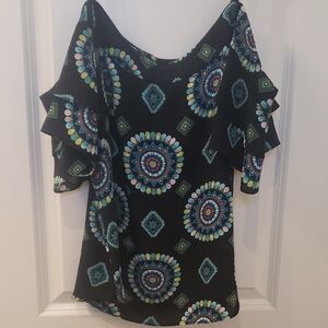 New York & Company Black and Blue Ruffled Flutter Sleeve Blouse